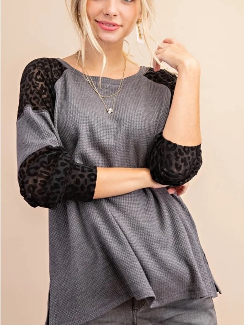 Kori Gray Waffle Knit Top with Black Sheer Leopard Sleeves- Small